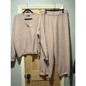 Pretty Garden Beige Lounge Comfy Cozy Fuzzy Crew Neck Wide Leg Pants 2 Pc XL